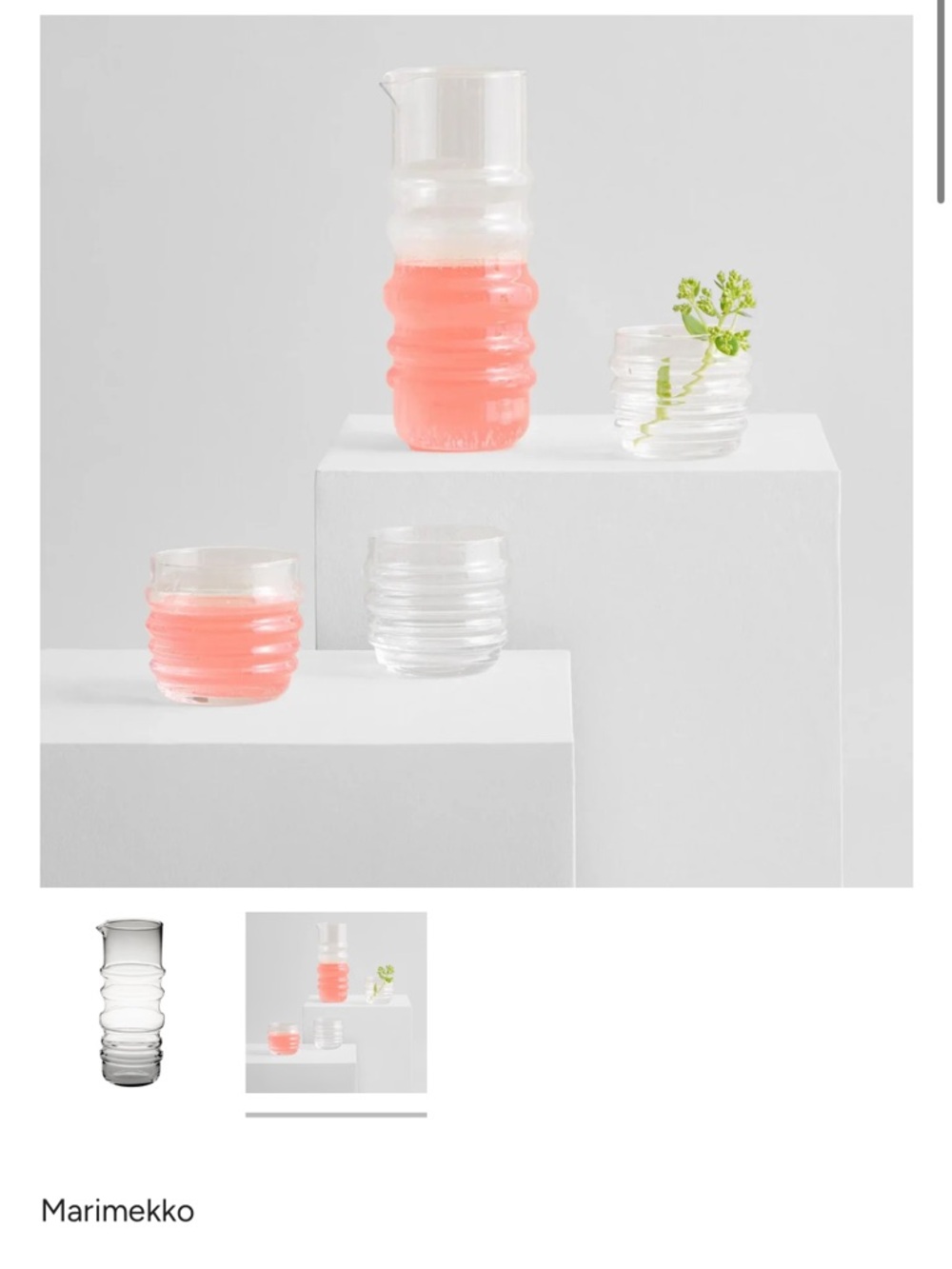 Marimekko Pink and Clear Ribbed Glass Carafe